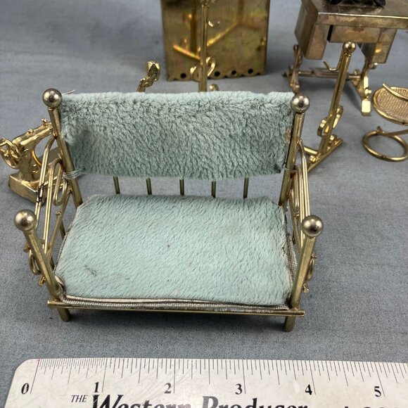 Vtg Dollhouse Furniture Mini Brass Day Bed Cabinet Hutch Sewing Machine Cello - Picture 4 of 5
